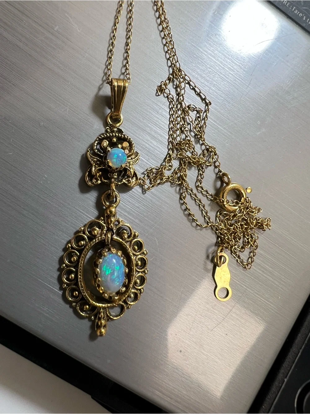 Antique 14K yellow gold with opals pendant necklace - Picture 13 of 15